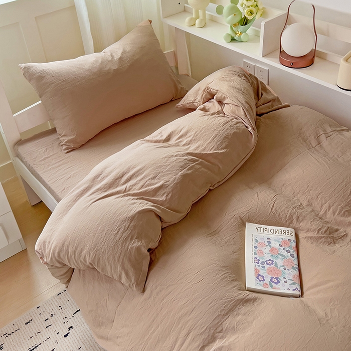91家纺网 家纺一手货源 找家纺 欧妮家纺 2025新款纯色水洗棉四件套学生宿舍床单被套三件套床上用品-【含买家秀】 纯色-奶咖