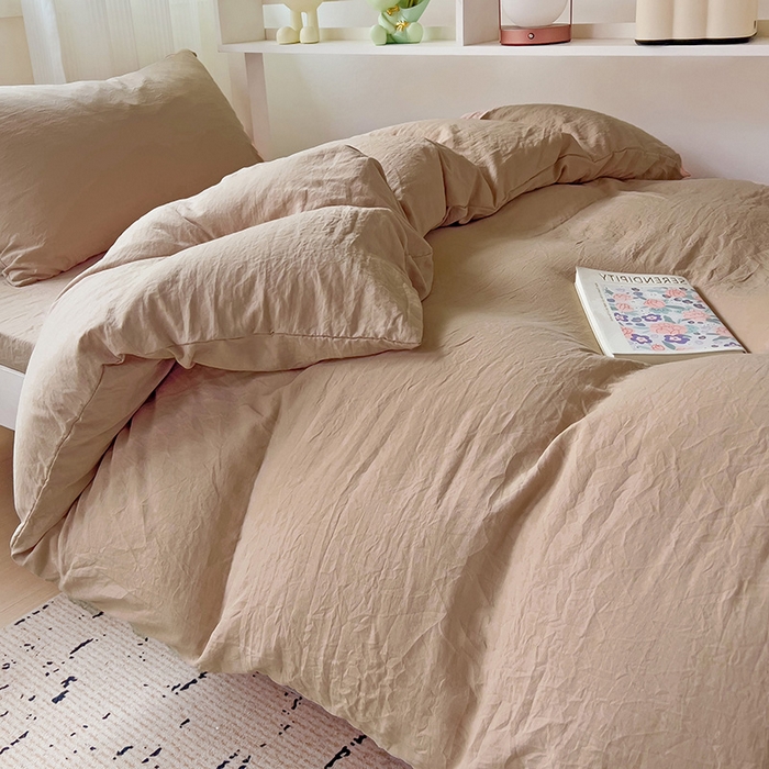 91家纺网 家纺一手货源 找家纺 欧妮家纺 2025新款纯色水洗棉四件套学生宿舍床单被套三件套床上用品-【含买家秀】 纯色-奶咖