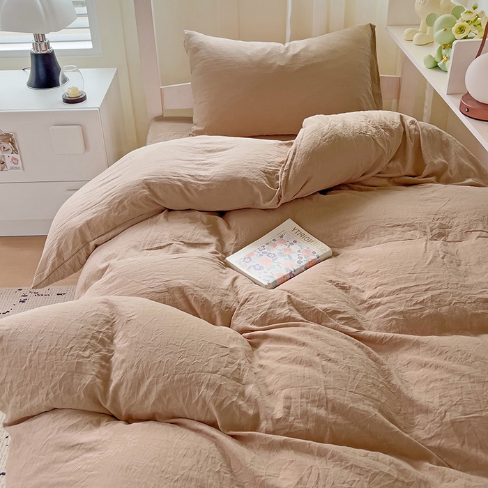 91家纺网 家纺一手货源 找家纺 欧妮家纺 2025新款纯色水洗棉四件套学生宿舍床单被套三件套床上用品-【含买家秀】 纯色-奶咖