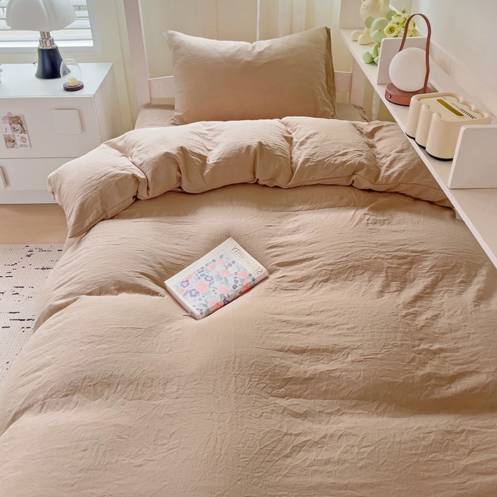 91家纺网 家纺一手货源 找家纺 欧妮家纺 2025新款纯色水洗棉四件套学生宿舍床单被套三件套床上用品-【含买家秀】 纯色-奶咖