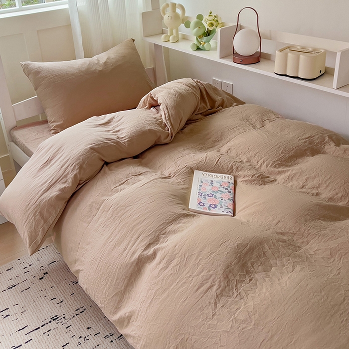 91家纺网 家纺一手货源 找家纺 欧妮家纺 2025新款纯色水洗棉四件套学生宿舍床单被套三件套床上用品-【含买家秀】 纯色-奶咖