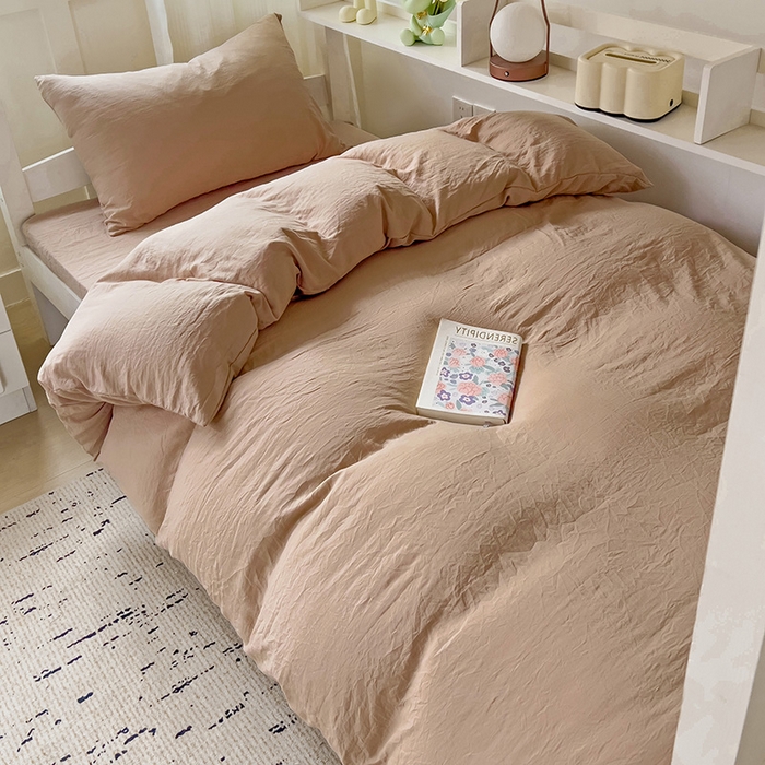 91家纺网 家纺一手货源 找家纺 欧妮家纺 2025新款纯色水洗棉四件套学生宿舍床单被套三件套床上用品-【含买家秀】 纯色-奶咖