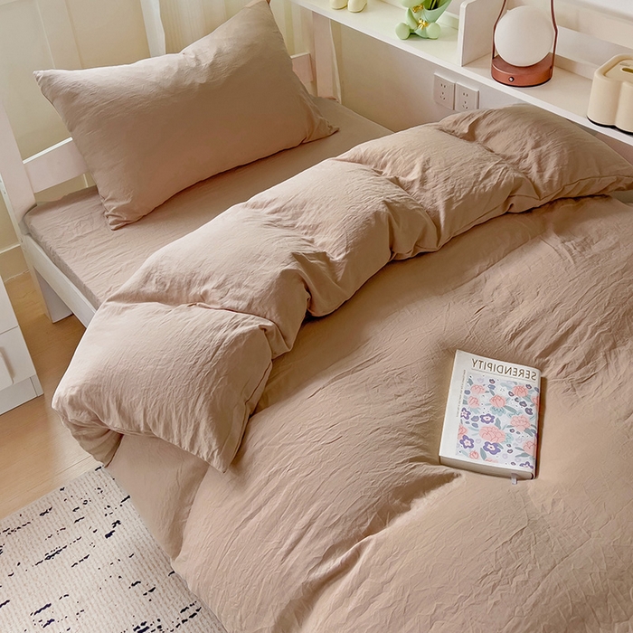 91家纺网 家纺一手货源 找家纺 欧妮家纺 2025新款纯色水洗棉四件套学生宿舍床单被套三件套床上用品-【含买家秀】 纯色-奶咖