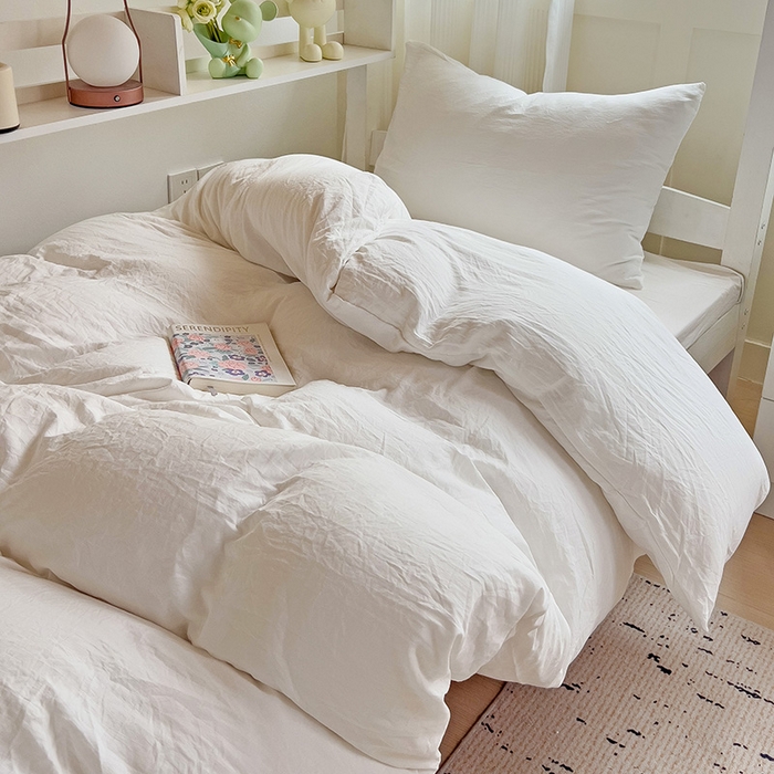 欧妮家纺 2025新款纯色水洗棉四件套学生宿舍床单被套三件套床上用品-【含买家秀】 纯色-奶白