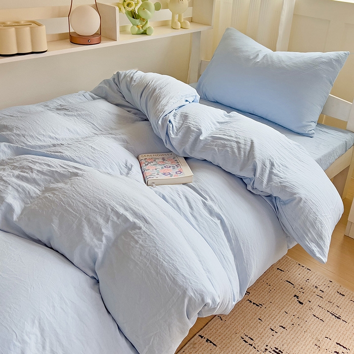 欧妮家纺 2025新款纯色水洗棉四件套学生宿舍床单被套三件套床上用品-【含买家秀】 纯色-浅蓝