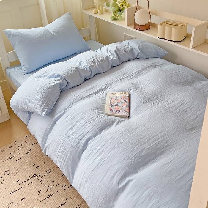 91家纺网 家纺一手货源 找家纺 欧妮家纺 2025新款纯色水洗棉四件套学生宿舍床单被套三件套床上用品-【含买家秀】 纯色-浅蓝