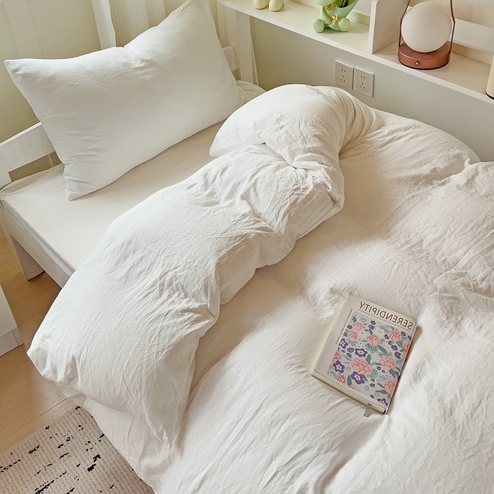 91家纺网 家纺一手货源 找家纺 欧妮家纺 2025新款纯色水洗棉四件套学生宿舍床单被套三件套床上用品-【含买家秀】 纯色-奶白