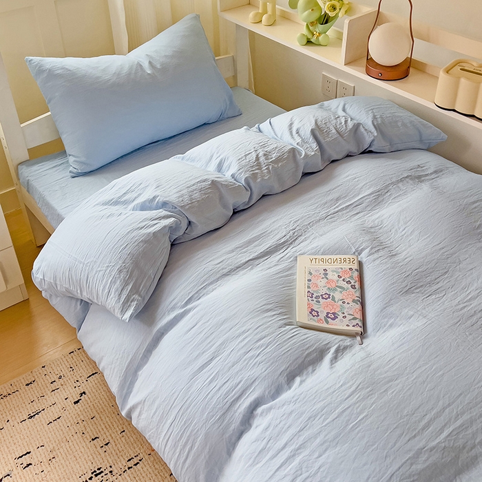 91家纺网 家纺一手货源 找家纺 欧妮家纺 2025新款纯色水洗棉四件套学生宿舍床单被套三件套床上用品-【含买家秀】 纯色-浅蓝