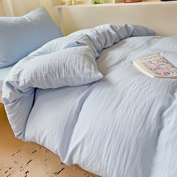 91家纺网 家纺一手货源 找家纺 欧妮家纺 2025新款纯色水洗棉四件套学生宿舍床单被套三件套床上用品-【含买家秀】 纯色-浅蓝