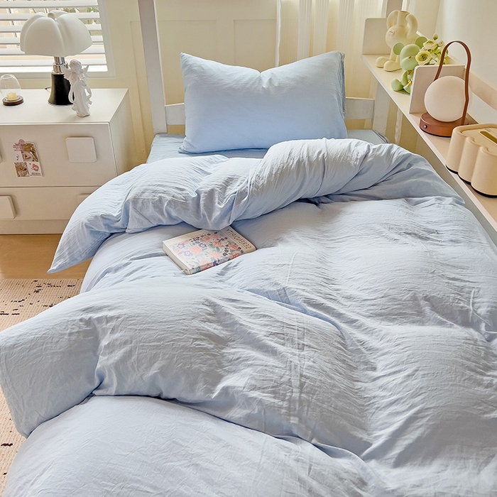 91家纺网 家纺一手货源 找家纺 欧妮家纺 2025新款纯色水洗棉四件套学生宿舍床单被套三件套床上用品-【含买家秀】 纯色-浅蓝