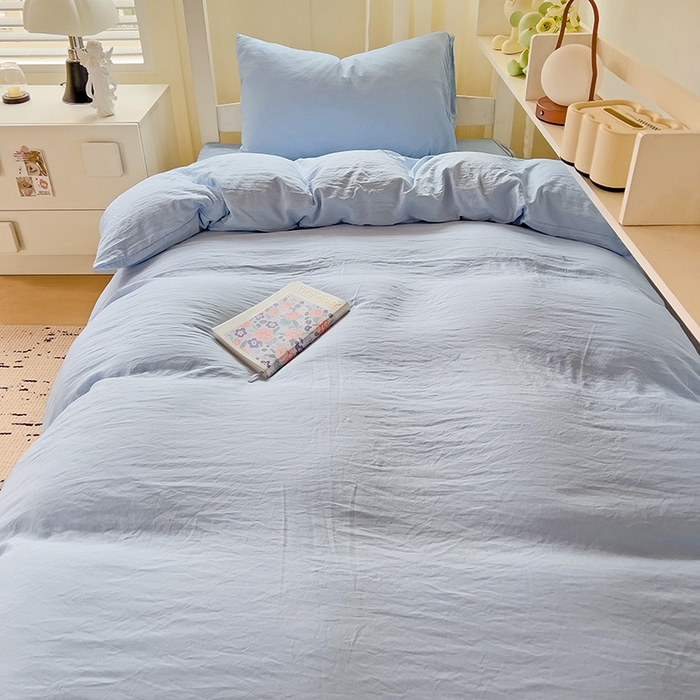 91家纺网 家纺一手货源 找家纺 欧妮家纺 2025新款纯色水洗棉四件套学生宿舍床单被套三件套床上用品-【含买家秀】 纯色-浅蓝