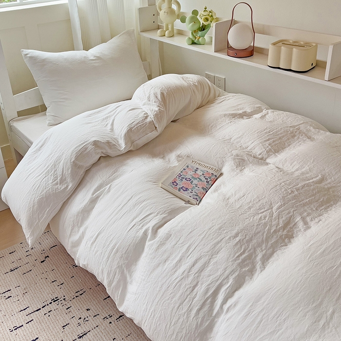 91家纺网 家纺一手货源 找家纺 欧妮家纺 2025新款纯色水洗棉四件套学生宿舍床单被套三件套床上用品-【含买家秀】 纯色-奶白