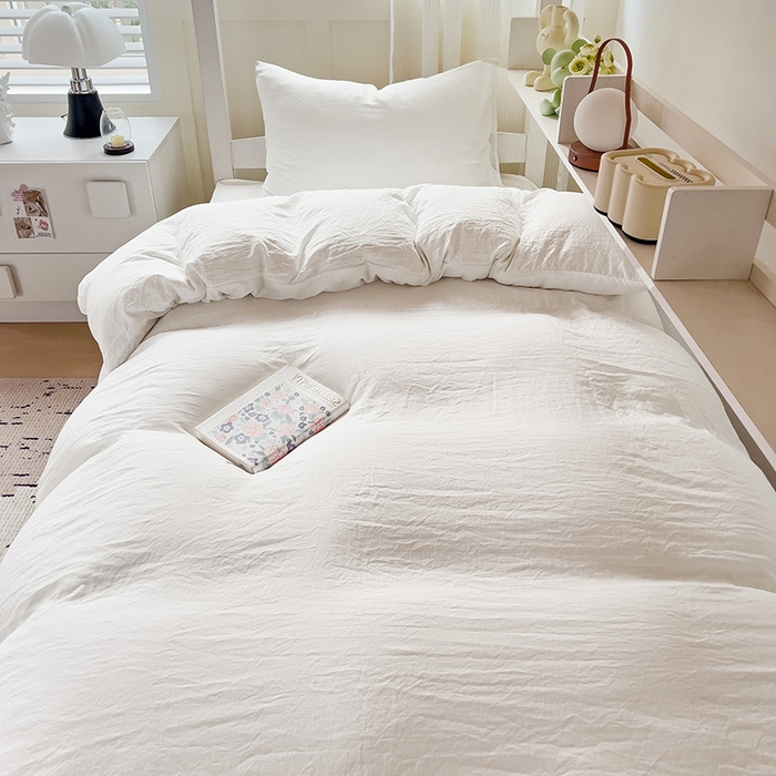 91家纺网 家纺一手货源 找家纺 欧妮家纺 2025新款纯色水洗棉四件套学生宿舍床单被套三件套床上用品-【含买家秀】 纯色-奶白