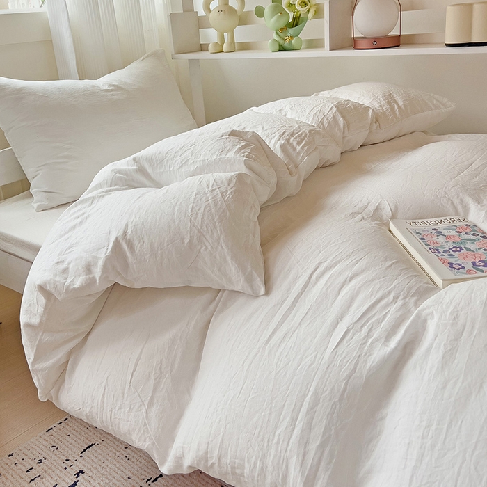 91家纺网 家纺一手货源 找家纺 欧妮家纺 2025新款纯色水洗棉四件套学生宿舍床单被套三件套床上用品-【含买家秀】 纯色-奶白