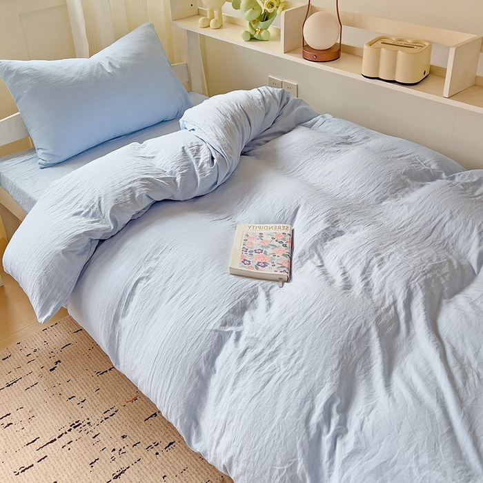 91家纺网 家纺一手货源 找家纺 欧妮家纺 2025新款纯色水洗棉四件套学生宿舍床单被套三件套床上用品-【含买家秀】 纯色-浅蓝