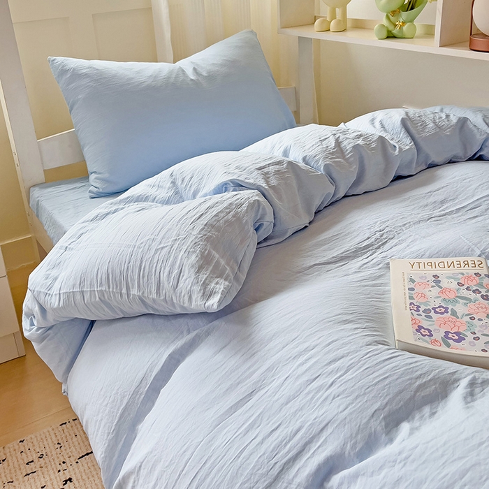91家纺网 家纺一手货源 找家纺 欧妮家纺 2025新款纯色水洗棉四件套学生宿舍床单被套三件套床上用品-【含买家秀】 纯色-浅蓝