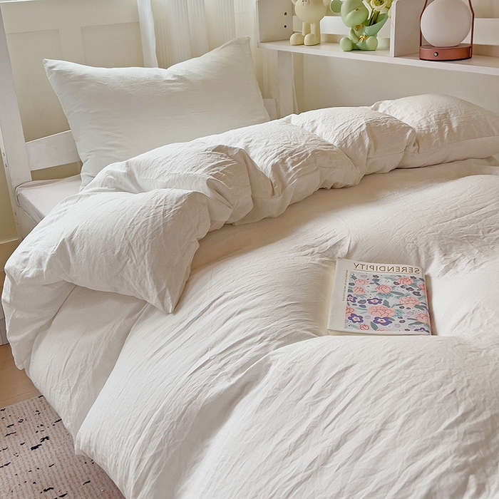 91家纺网 家纺一手货源 找家纺 欧妮家纺 2025新款纯色水洗棉四件套学生宿舍床单被套三件套床上用品-【含买家秀】 纯色-奶白