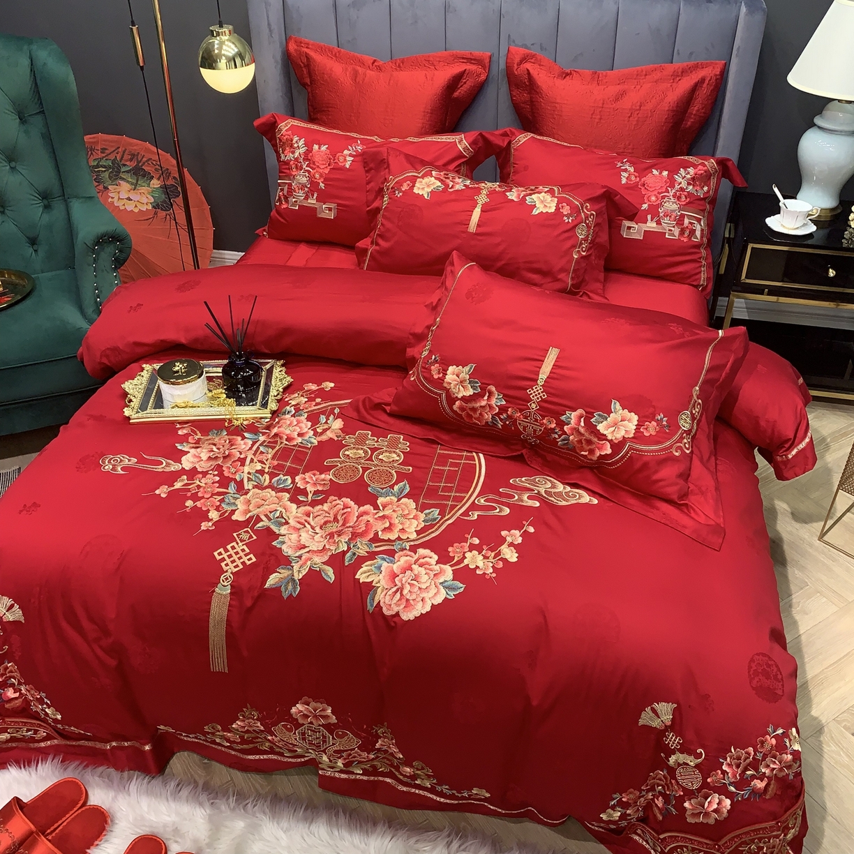 91家纺网 家纺一手货源 找家纺 JUICY 橘滋家纺 2026新款全棉提花高端婚庆刺绣传臻系列四件套多件套 代代相传