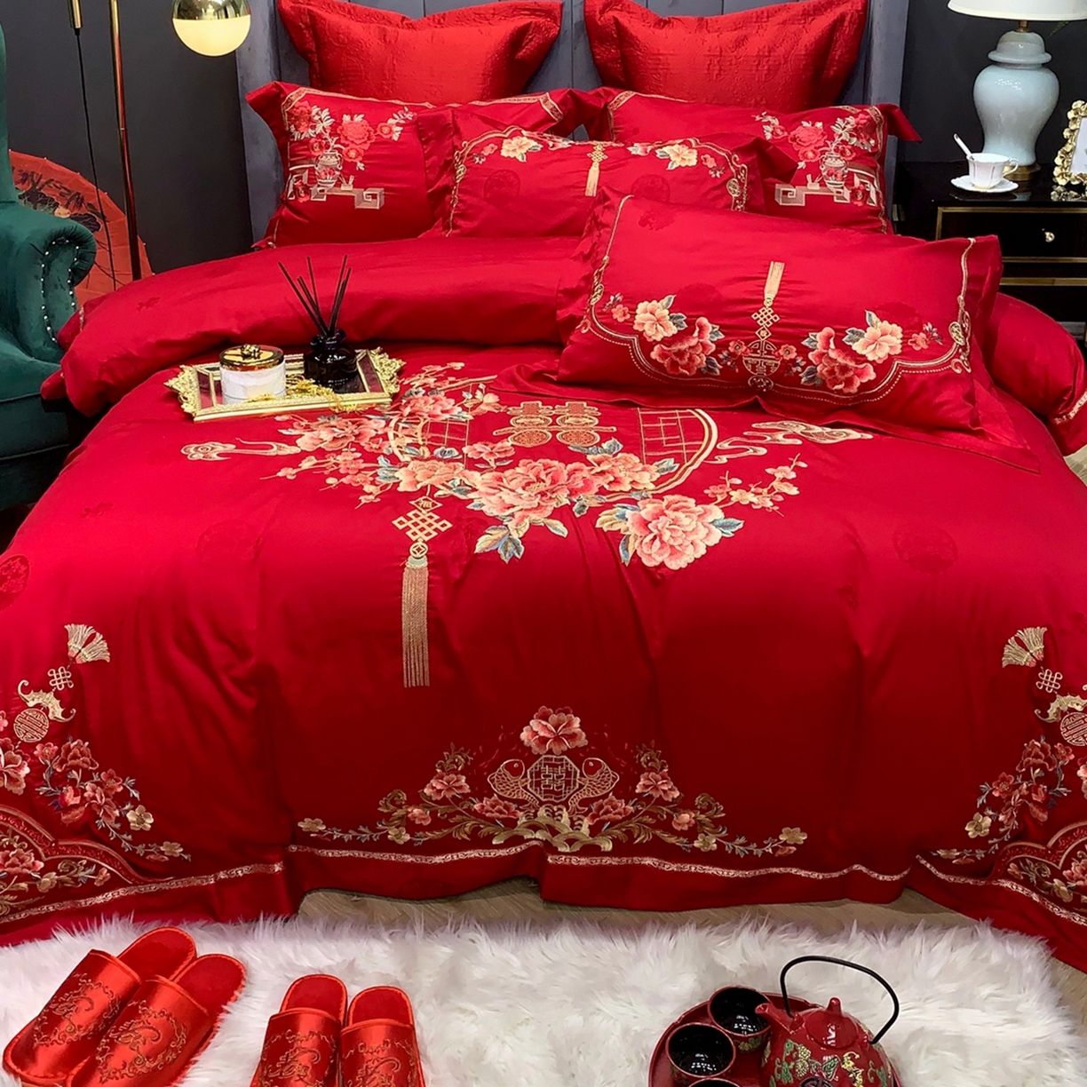 91家纺网 家纺一手货源 找家纺 JUICY 橘滋家纺 2026新款全棉提花高端婚庆刺绣传臻系列四件套多件套 代代相传