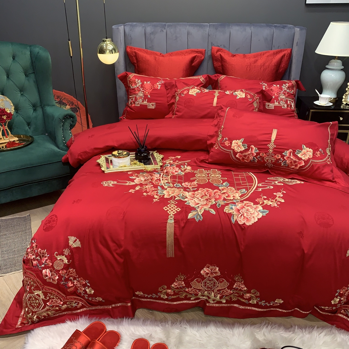 91家纺网 家纺一手货源 找家纺 JUICY 橘滋家纺 2026新款全棉提花高端婚庆刺绣传臻系列四件套多件套 代代相传