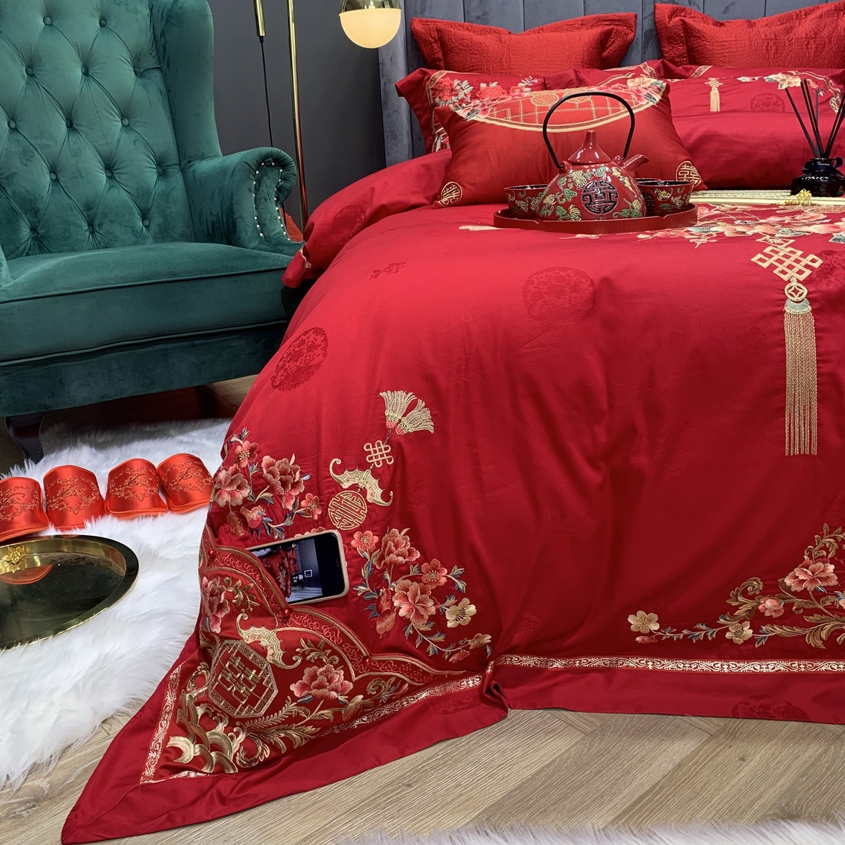 91家纺网 家纺一手货源 找家纺 JUICY 橘滋家纺 2026新款全棉提花高端婚庆刺绣传臻系列四件套多件套 代代相传