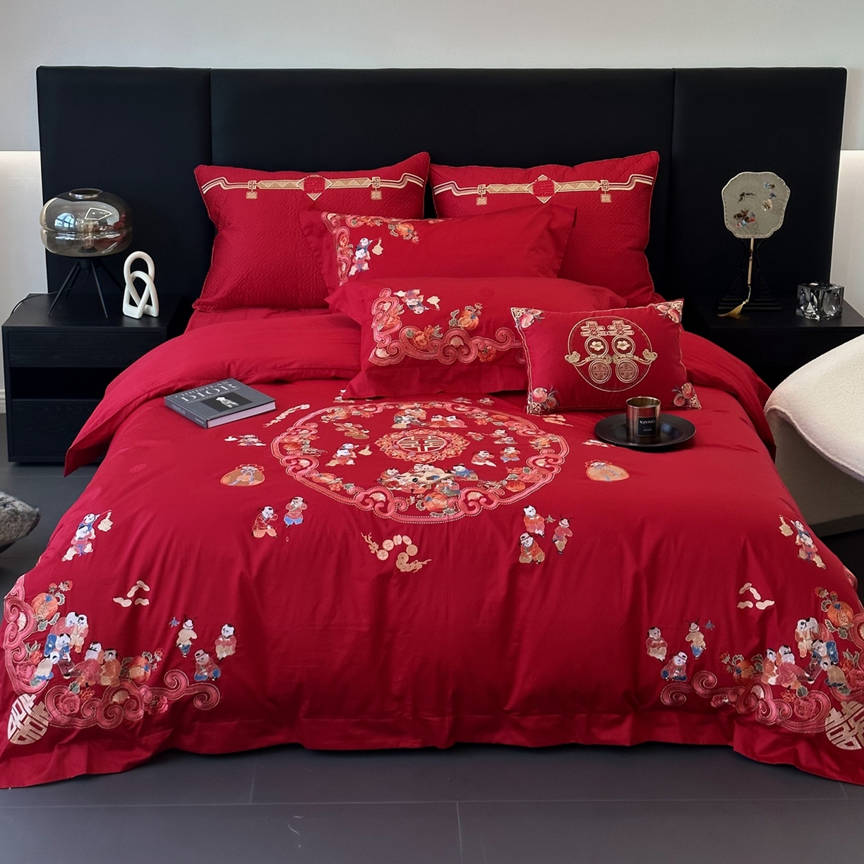 JUICY 橘滋家纺 2026新款全棉提花高端婚庆刺绣传臻系列四件套多件套 欢天喜地