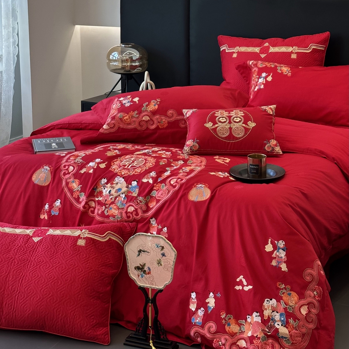 91家纺网 家纺一手货源 找家纺 JUICY 橘滋家纺 2026新款全棉提花高端婚庆刺绣传臻系列四件套多件套 欢天喜地