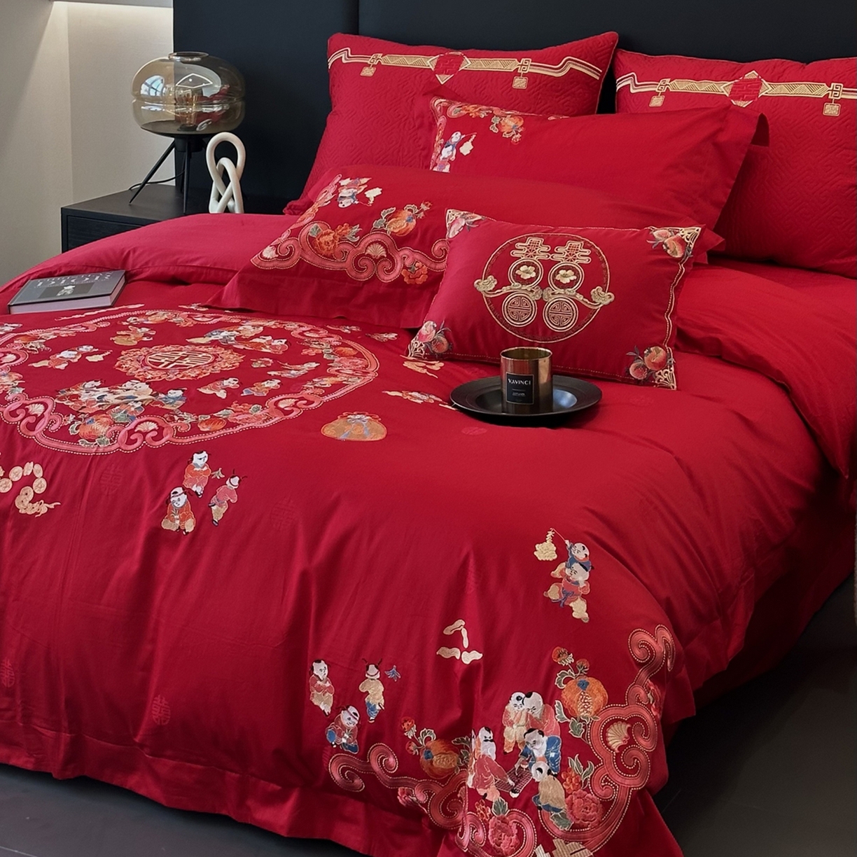 91家纺网 家纺一手货源 找家纺 JUICY 橘滋家纺 2026新款全棉提花高端婚庆刺绣传臻系列四件套多件套 欢天喜地