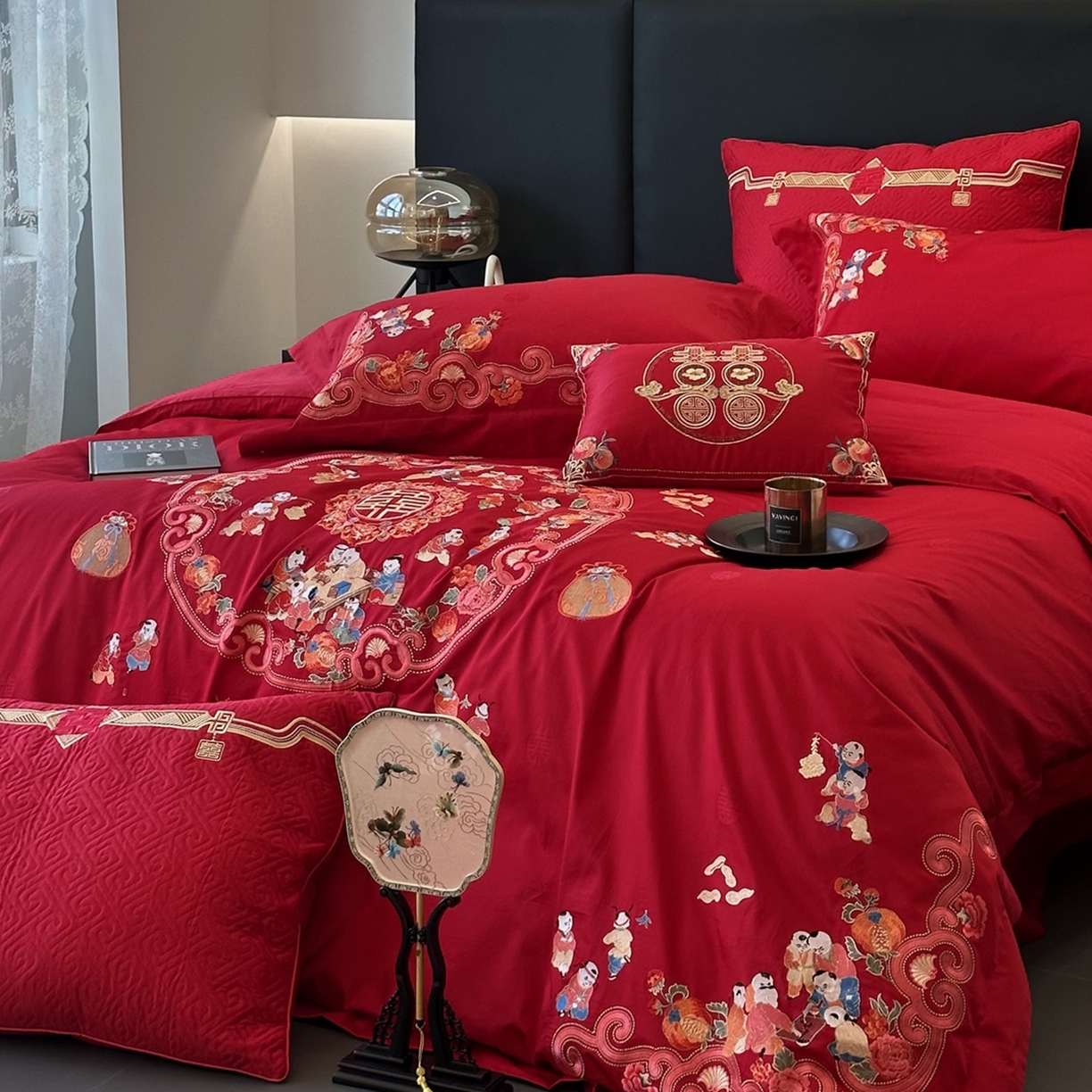 91家纺网 家纺一手货源 找家纺 JUICY 橘滋家纺 2026新款全棉提花高端婚庆刺绣传臻系列四件套多件套 欢天喜地