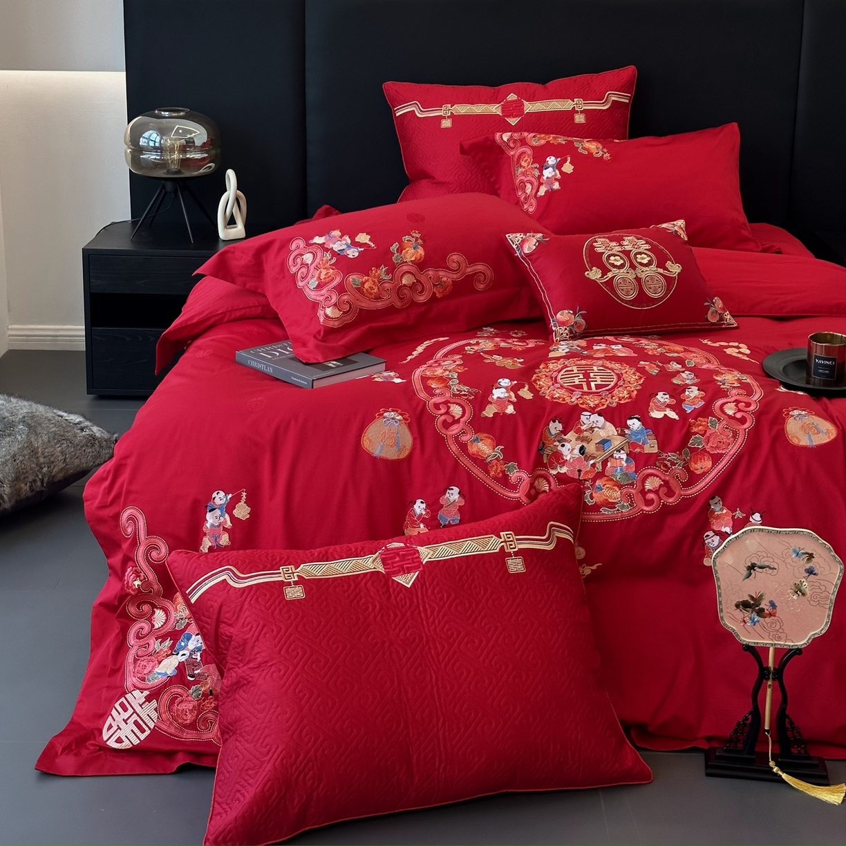 91家纺网 家纺一手货源 找家纺 JUICY 橘滋家纺 2026新款全棉提花高端婚庆刺绣传臻系列四件套多件套 欢天喜地