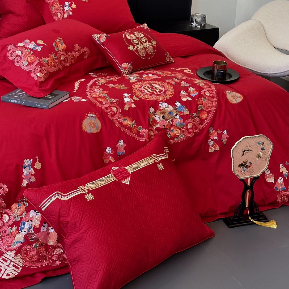 91家纺网 家纺一手货源 找家纺 JUICY 橘滋家纺 2026新款全棉提花高端婚庆刺绣传臻系列四件套多件套 欢天喜地