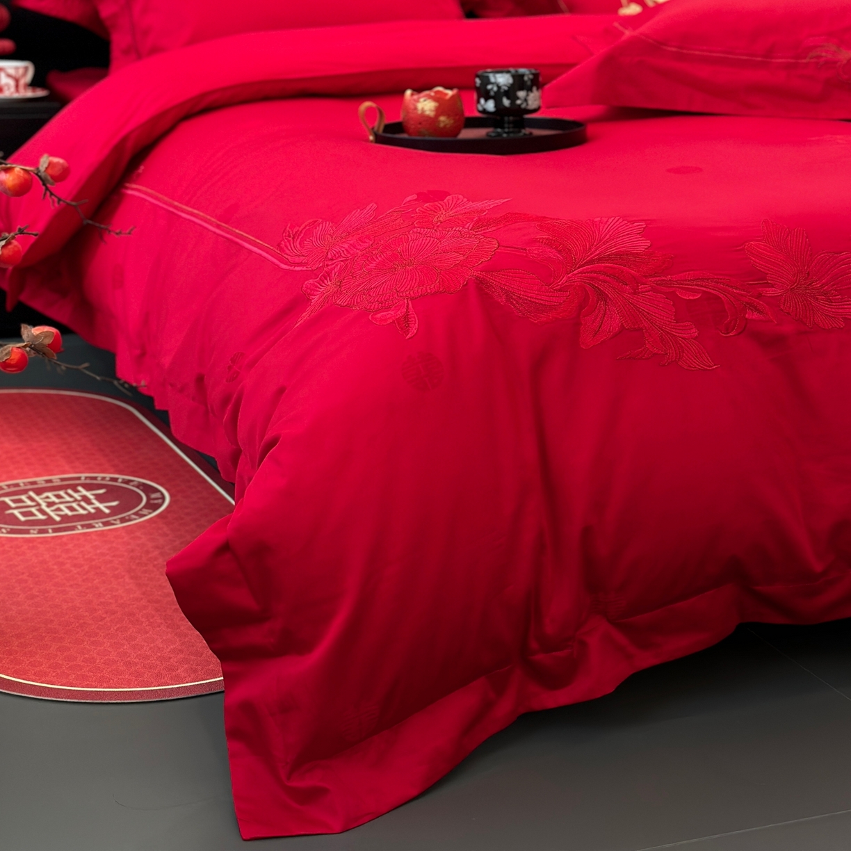 91家纺网 家纺一手货源 找家纺 JUICY 橘滋家纺 2026新款全棉提花高端婚庆刺绣传臻系列四件套多件套 浪漫满屋