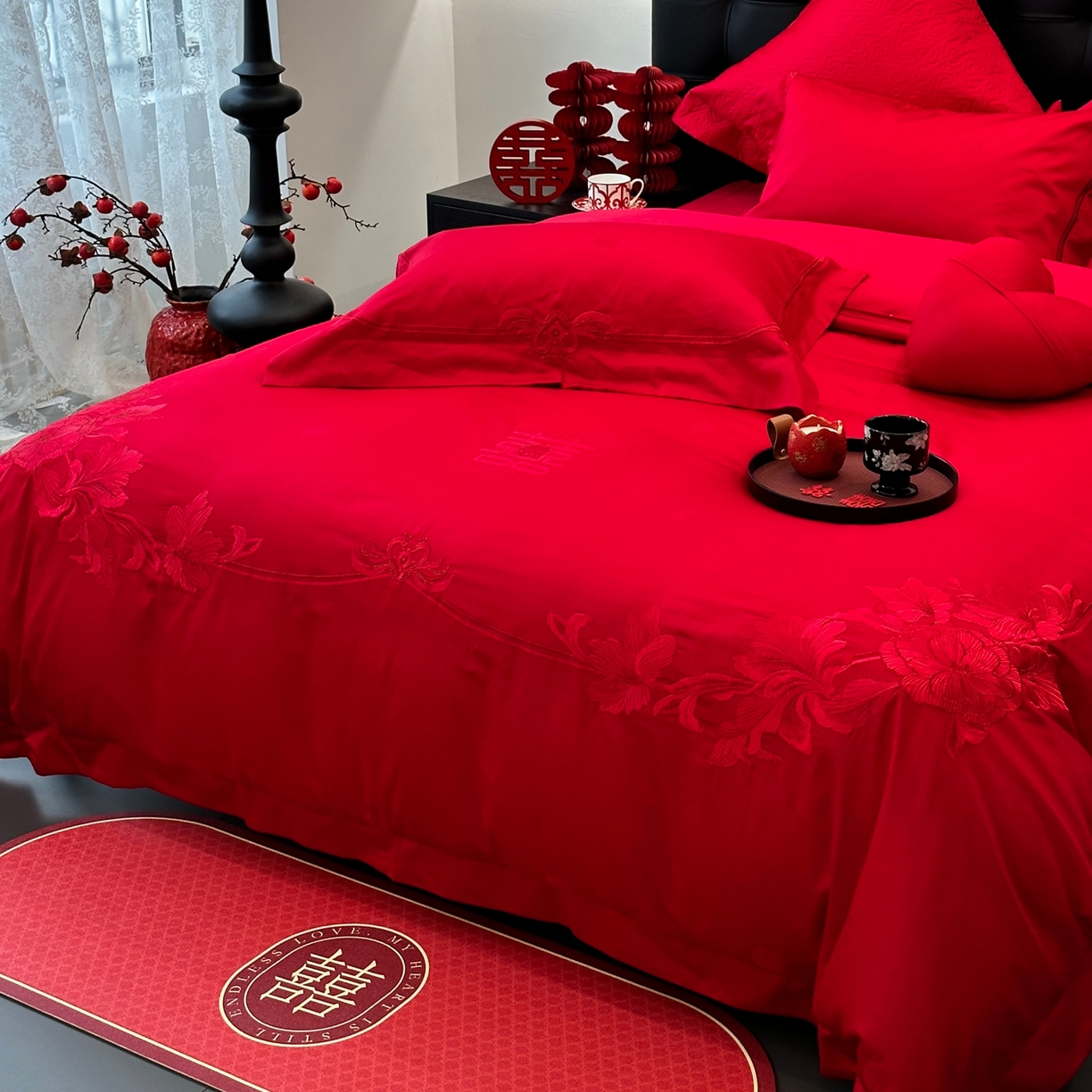 91家纺网 家纺一手货源 找家纺 JUICY 橘滋家纺 2026新款全棉提花高端婚庆刺绣传臻系列四件套多件套 浪漫满屋