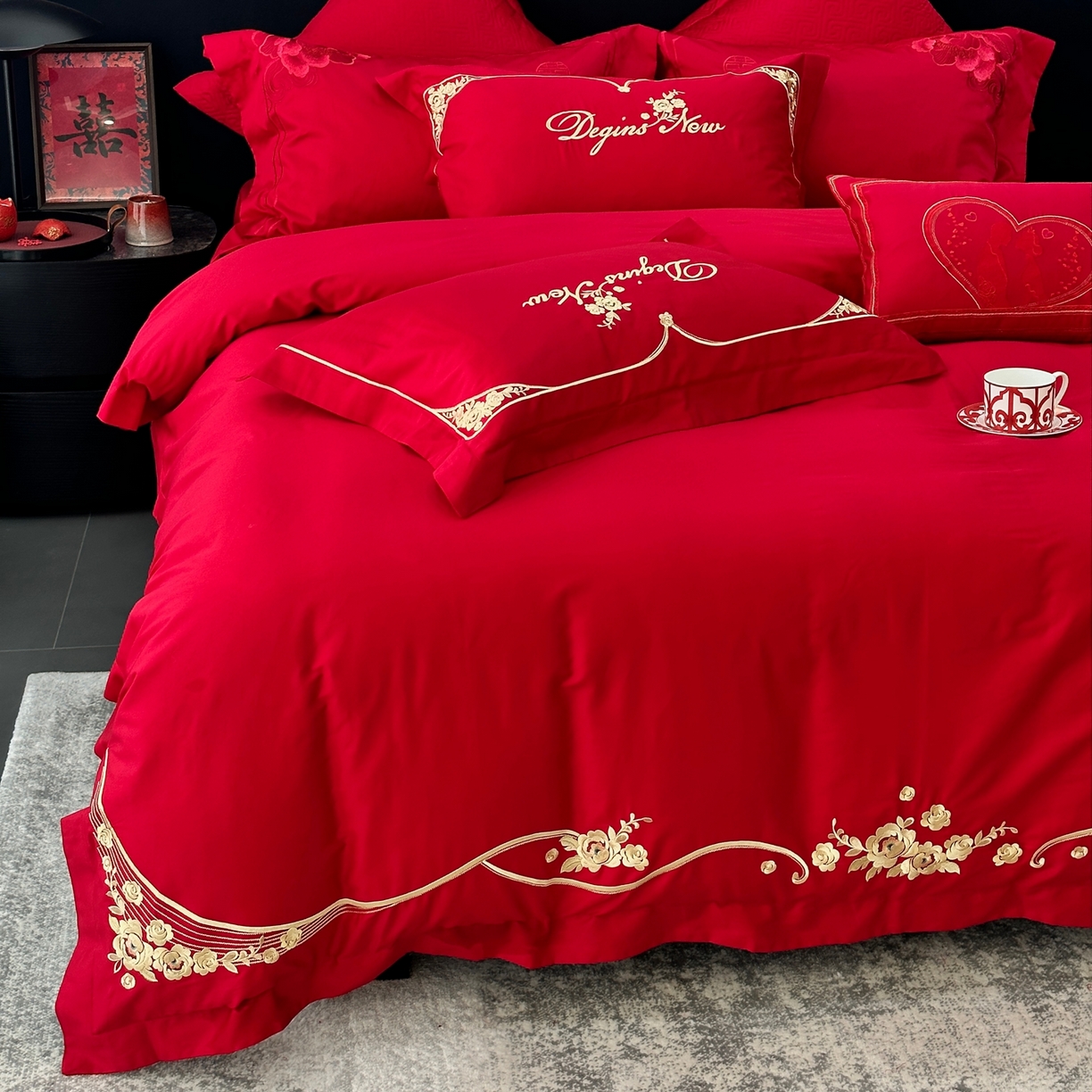 91家纺网 家纺一手货源 找家纺 JUICY 橘滋家纺 2026新款全棉提花高端婚庆刺绣传臻系列四件套多件套 玫瑰传情