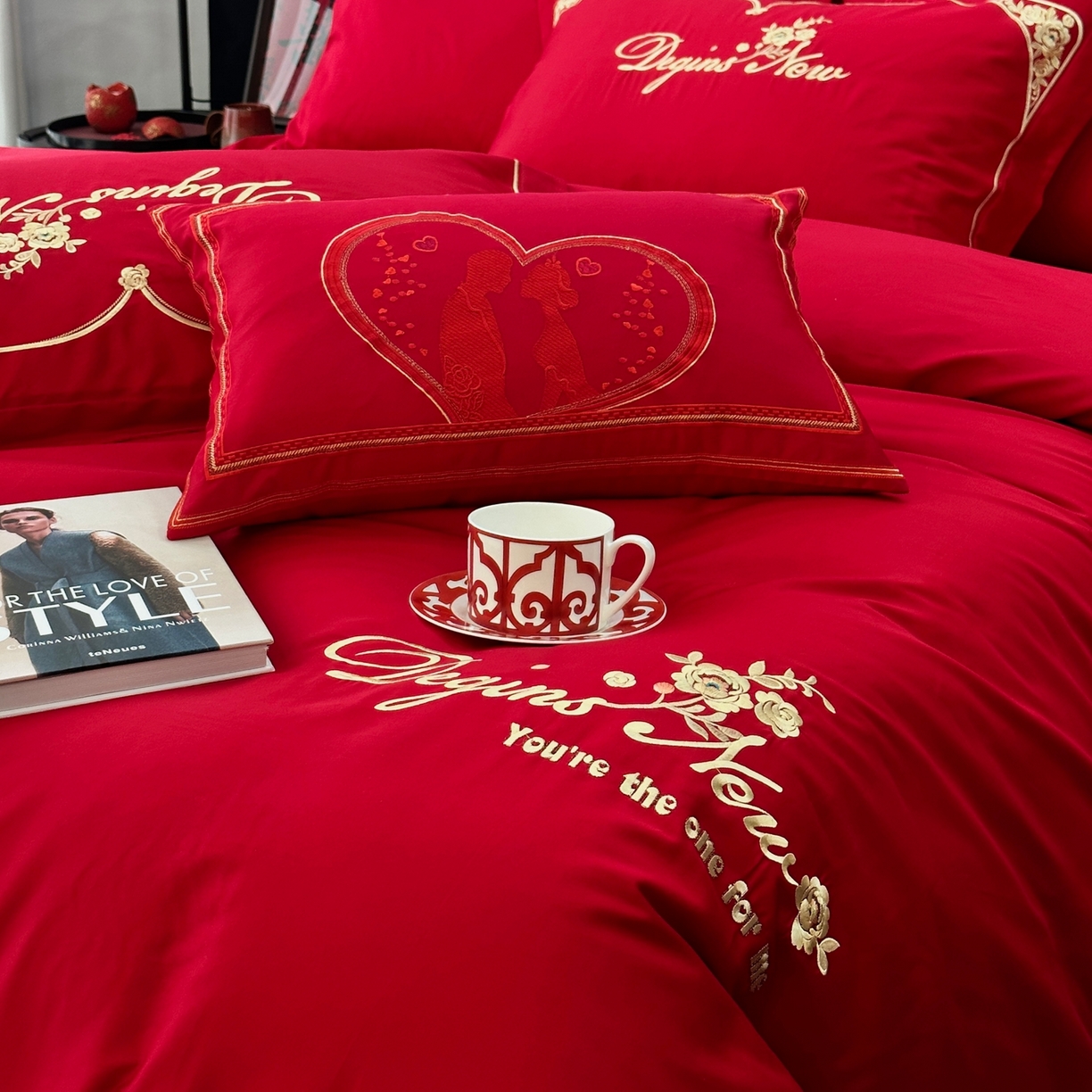 91家纺网 家纺一手货源 找家纺 JUICY 橘滋家纺 2026新款全棉提花高端婚庆刺绣传臻系列四件套多件套 玫瑰传情