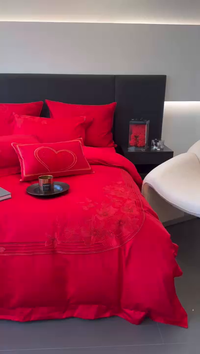 91家纺网 家纺一手货源 找家纺 JUICY 橘滋家纺 2026新款全棉提花高端婚庆刺绣传臻系列四件套多件套 情意绵延