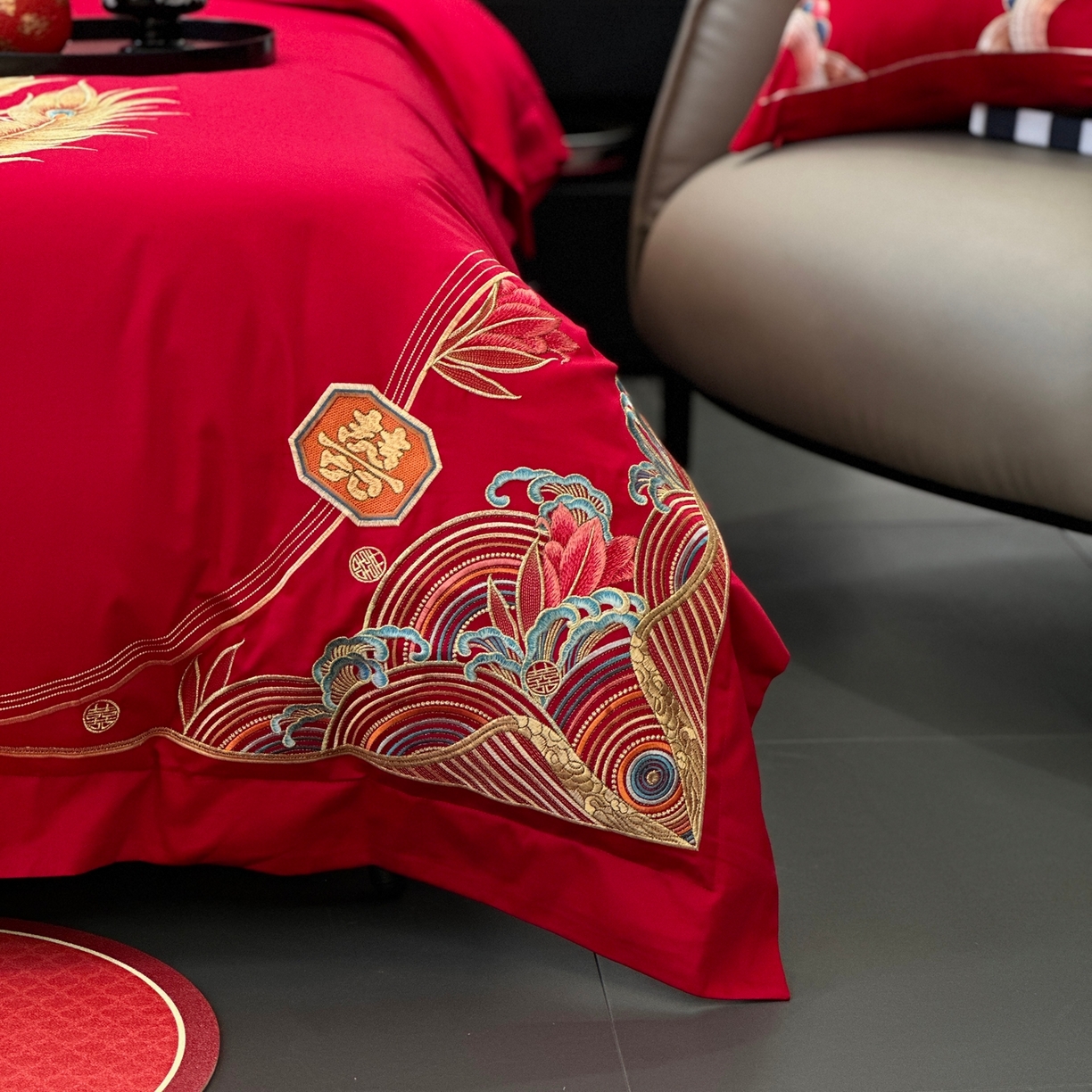 91家纺网 家纺一手货源 找家纺 JUICY 橘滋家纺 2026新款全棉提花高端婚庆刺绣传臻系列四件套多件套 喜事龙凤