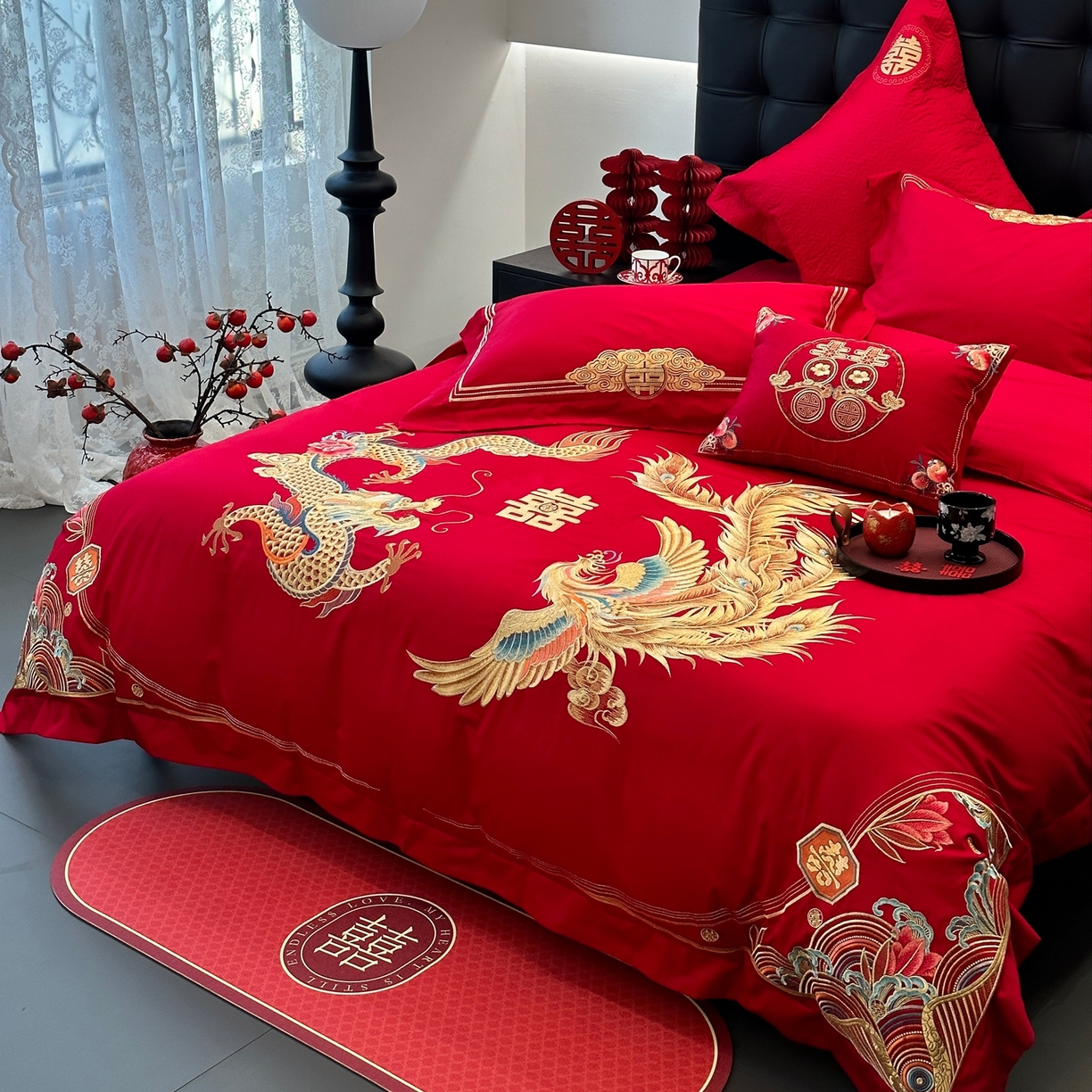 91家纺网 家纺一手货源 找家纺 JUICY 橘滋家纺 2026新款全棉提花高端婚庆刺绣传臻系列四件套多件套 喜事龙凤