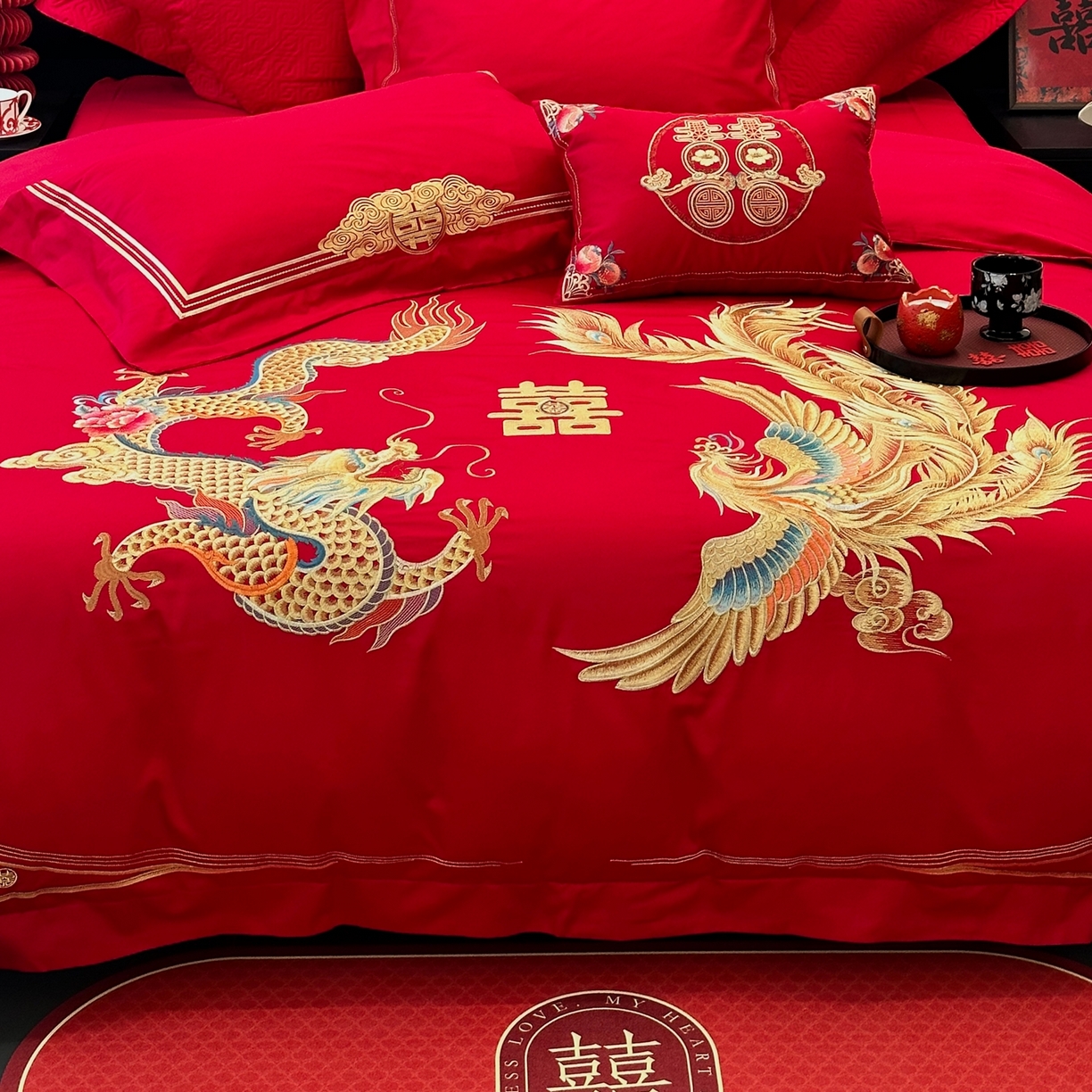 91家纺网 家纺一手货源 找家纺 JUICY 橘滋家纺 2026新款全棉提花高端婚庆刺绣传臻系列四件套多件套 喜事龙凤