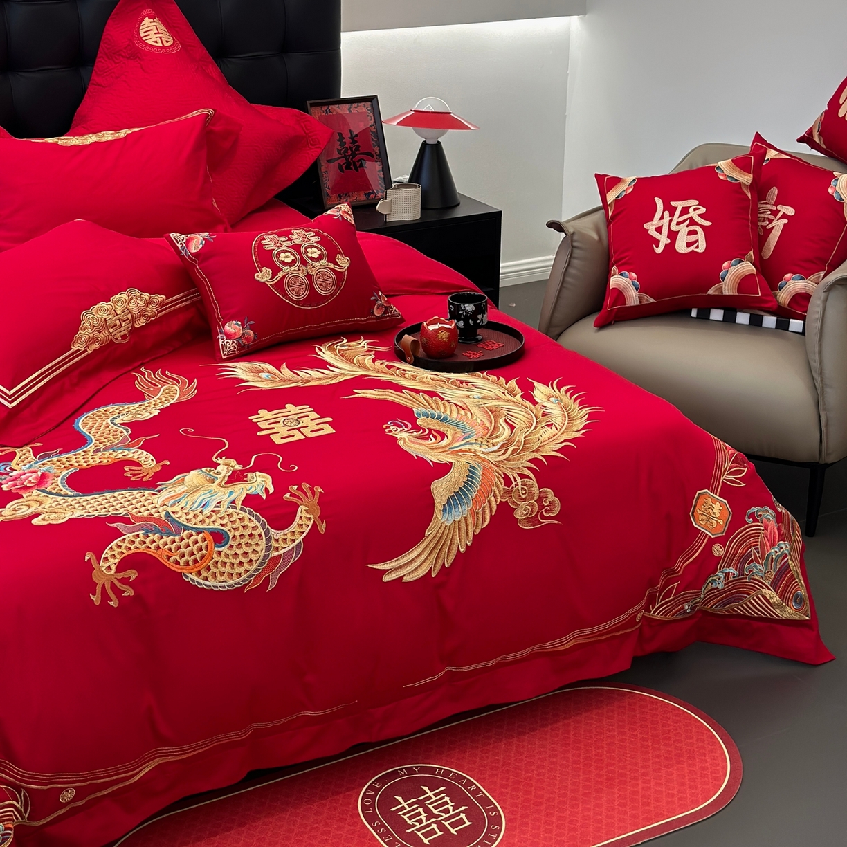 91家纺网 家纺一手货源 找家纺 JUICY 橘滋家纺 2026新款全棉提花高端婚庆刺绣传臻系列四件套多件套 喜事龙凤