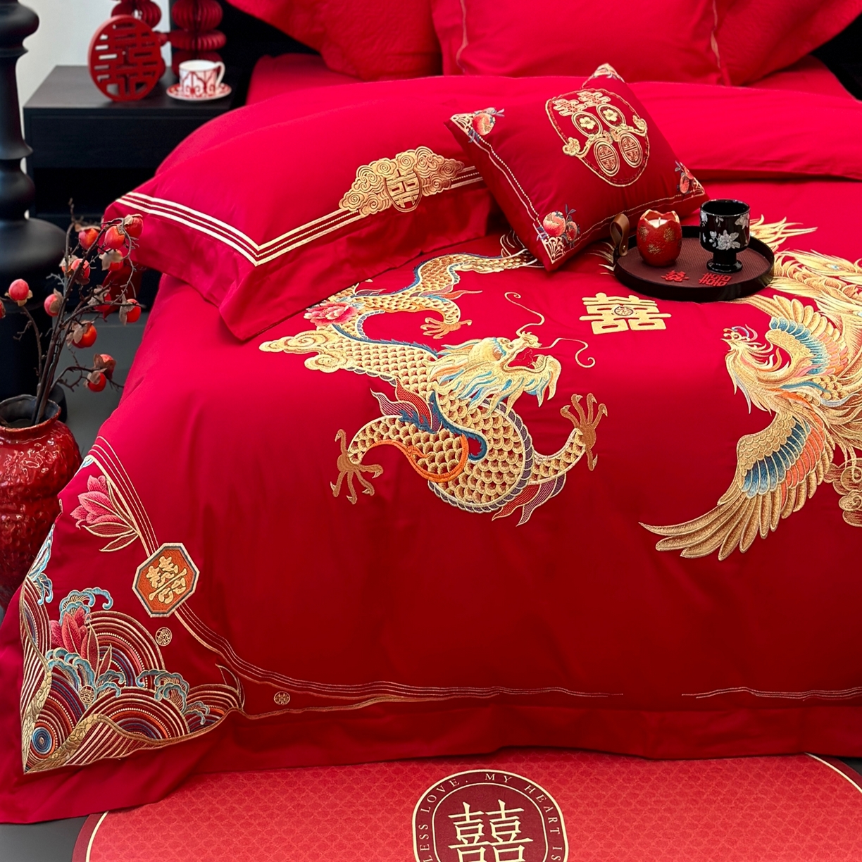 91家纺网 家纺一手货源 找家纺 JUICY 橘滋家纺 2026新款全棉提花高端婚庆刺绣传臻系列四件套多件套 喜事龙凤