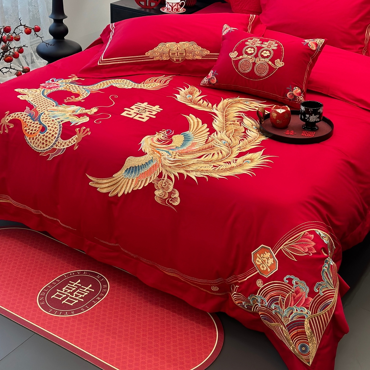 91家纺网 家纺一手货源 找家纺 JUICY 橘滋家纺 2026新款全棉提花高端婚庆刺绣传臻系列四件套多件套 喜事龙凤