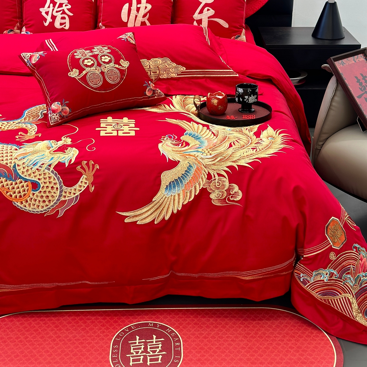 91家纺网 家纺一手货源 找家纺 JUICY 橘滋家纺 2026新款全棉提花高端婚庆刺绣传臻系列四件套多件套 喜事龙凤