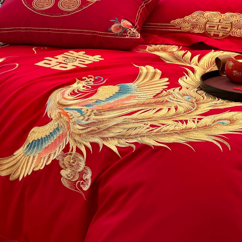 91家纺网 家纺一手货源 找家纺 JUICY 橘滋家纺 2026新款全棉提花高端婚庆刺绣传臻系列四件套多件套 喜事龙凤