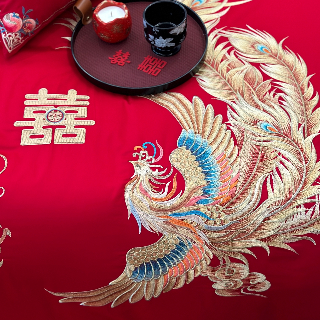 91家纺网 家纺一手货源 找家纺 JUICY 橘滋家纺 2026新款全棉提花高端婚庆刺绣传臻系列四件套多件套 喜事龙凤