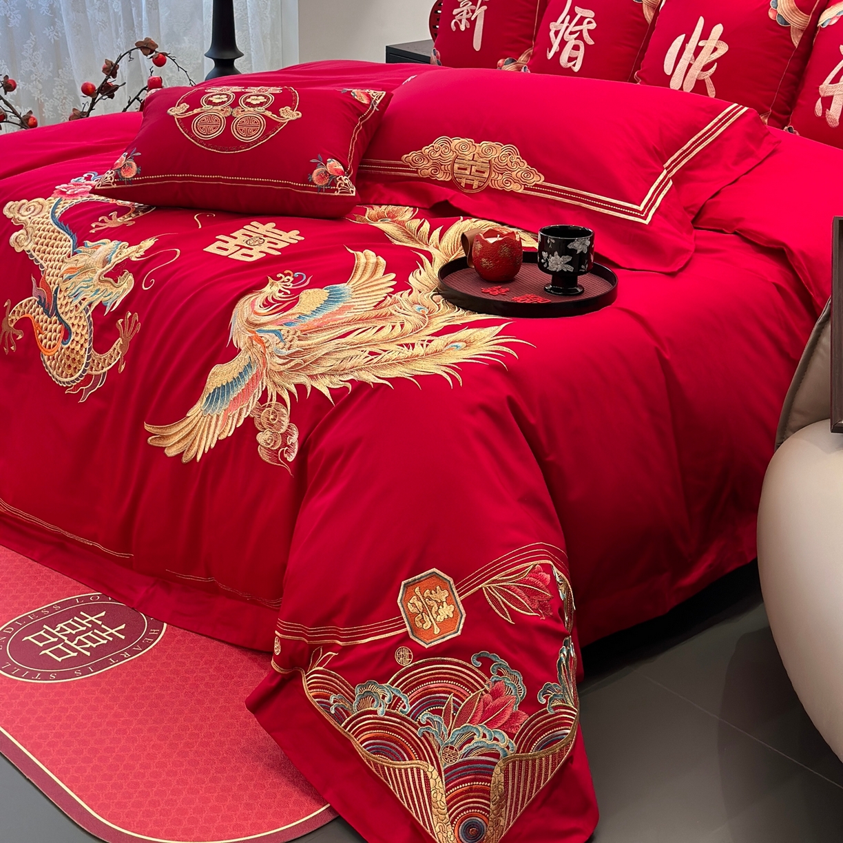 91家纺网 家纺一手货源 找家纺 JUICY 橘滋家纺 2026新款全棉提花高端婚庆刺绣传臻系列四件套多件套 喜事龙凤