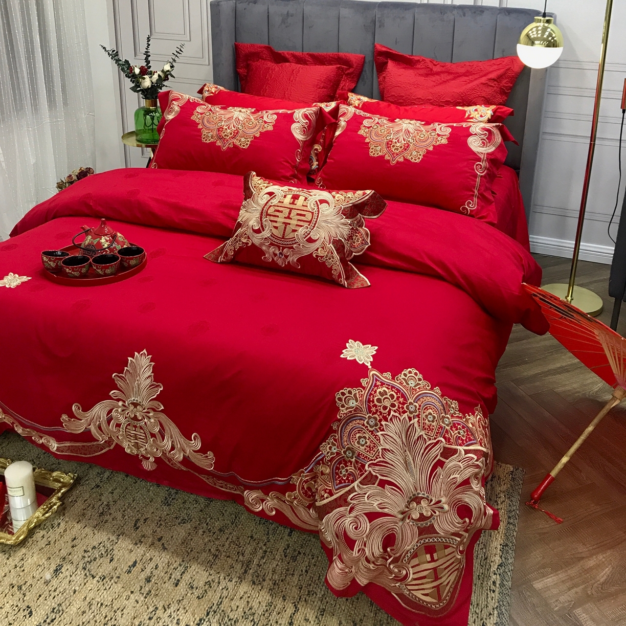 91家纺网 家纺一手货源 找家纺 JUICY 橘滋家纺 2026新款全棉提花高端婚庆刺绣传臻系列四件套多件套 幸福婚典