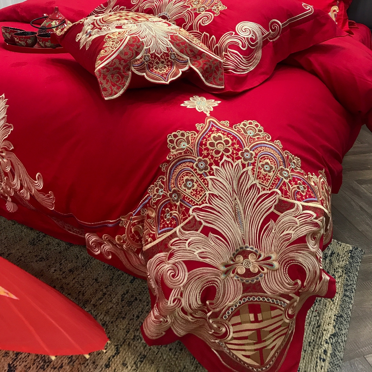 91家纺网 家纺一手货源 找家纺 JUICY 橘滋家纺 2026新款全棉提花高端婚庆刺绣传臻系列四件套多件套 幸福婚典