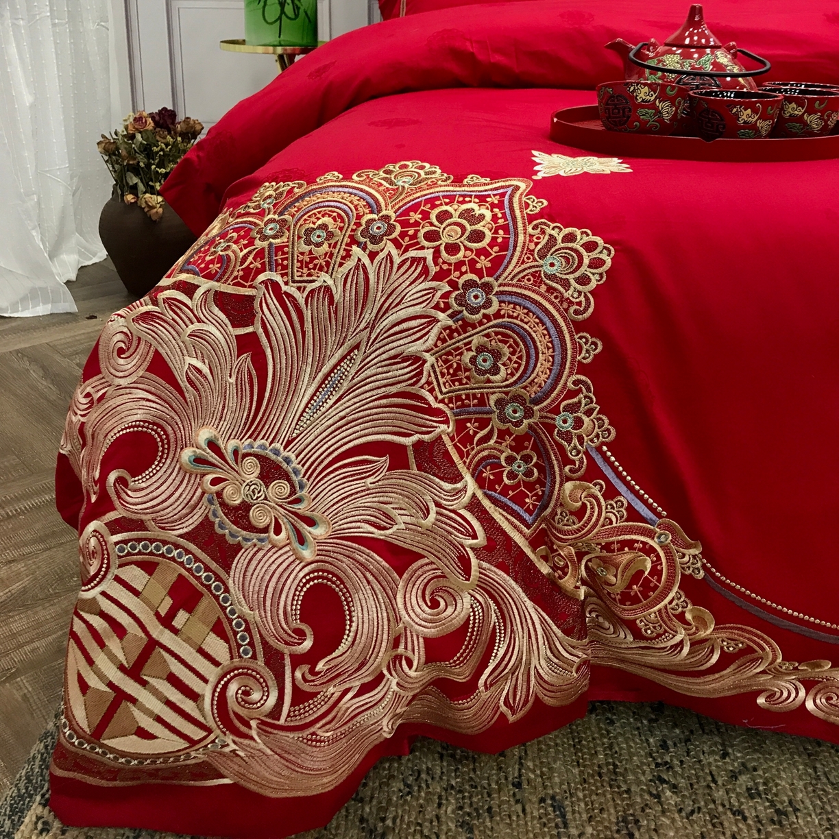 91家纺网 家纺一手货源 找家纺 JUICY 橘滋家纺 2026新款全棉提花高端婚庆刺绣传臻系列四件套多件套 幸福婚典