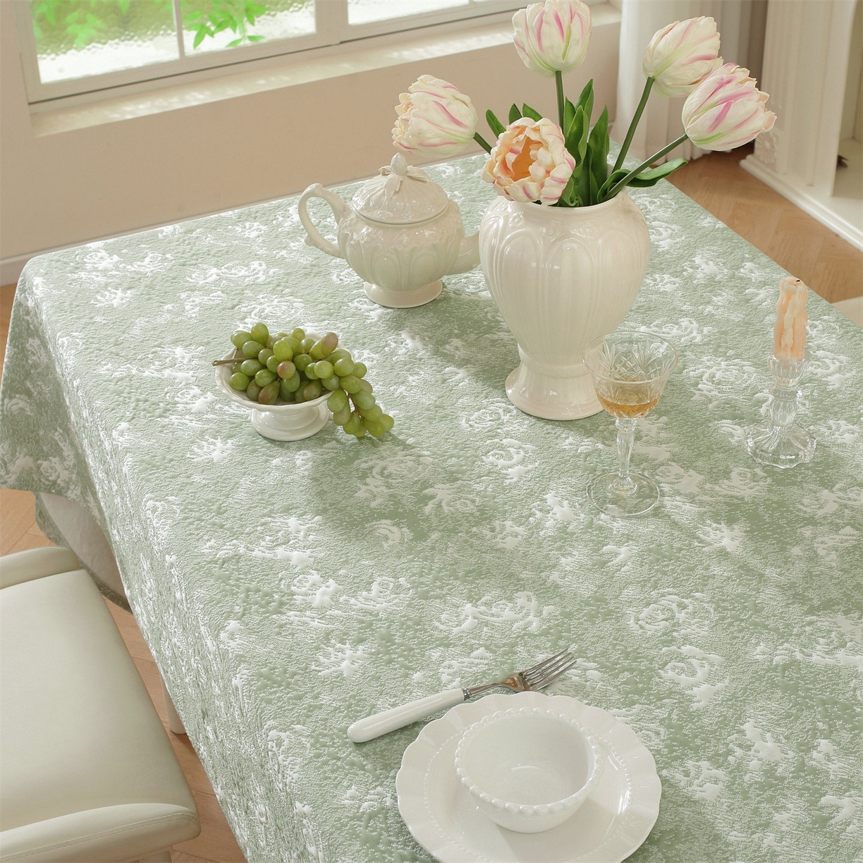 91家纺网 家纺一手货源 找家纺 共鸣沙发垫 2026新款冰豆豆桌布-玫瑰 玫瑰绿色